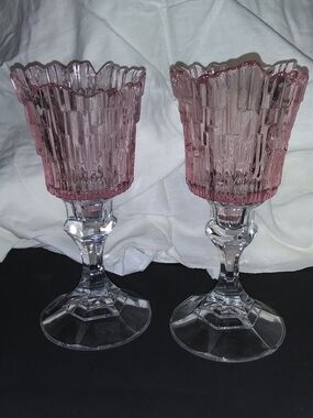 Textured Pink Stemmed Glass Candle Holders- Pair